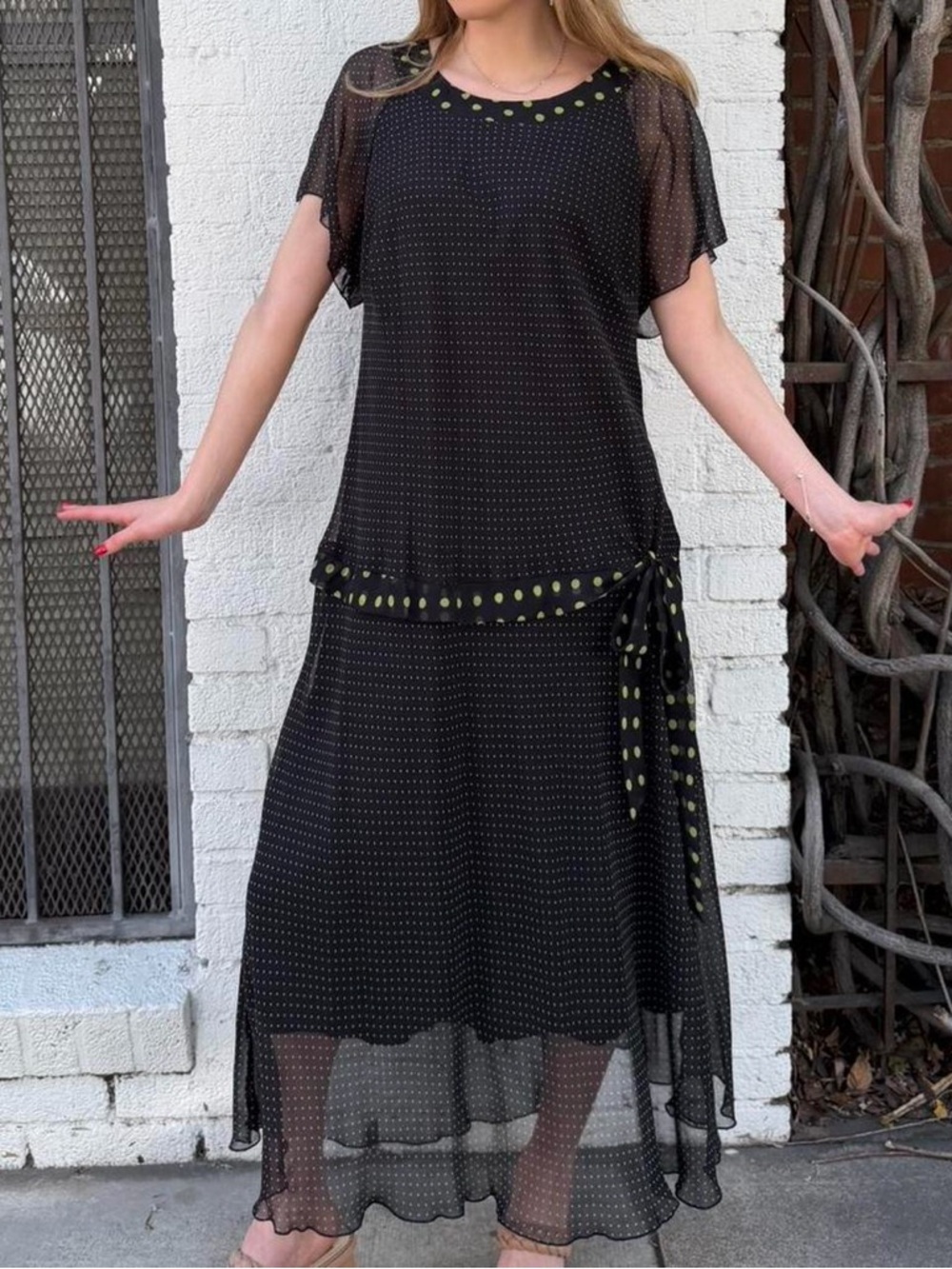 Vintage Y2K Believe sheer lined polka dot black slip midi Dress / fits like a L